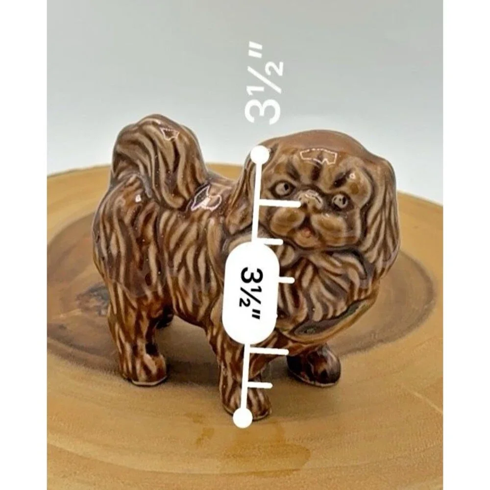 Vintage Porcelain Pekingese Figurine Pekingese Brown Dog W/Green Bow 3.5